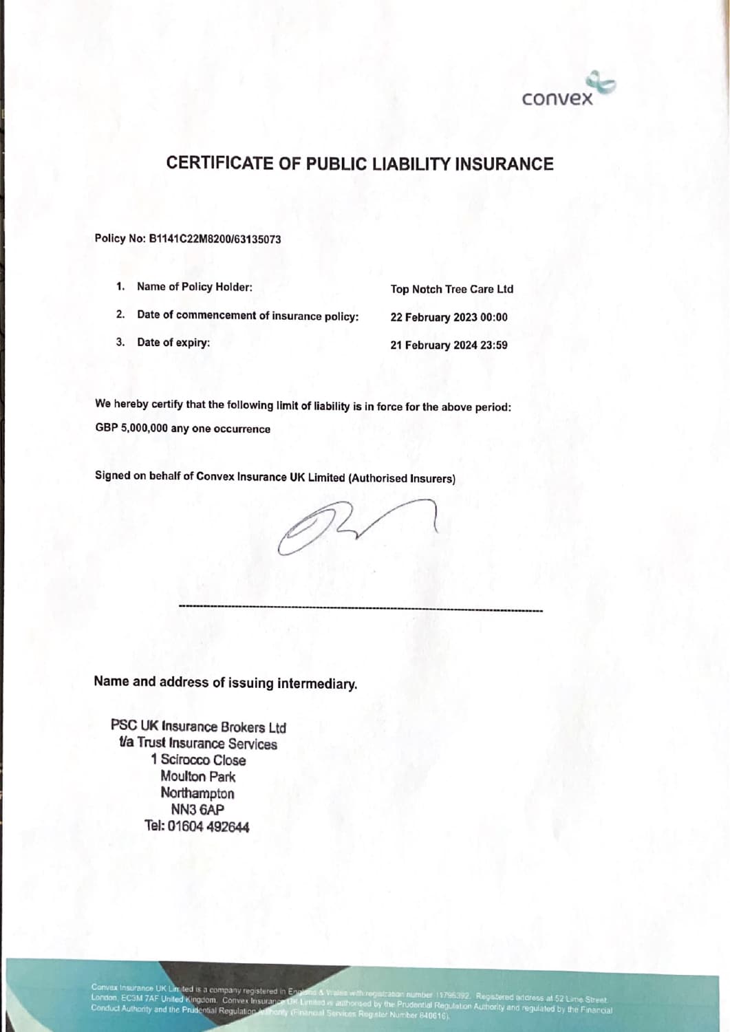 Certificate of Public Liability Insurance